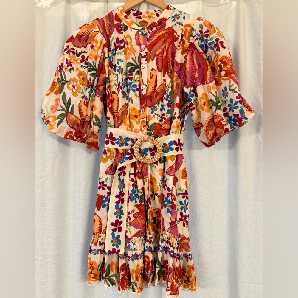 Anthropologie FARM Rio Spring Bananas Multicolor Floral Belted Mini Dress XS